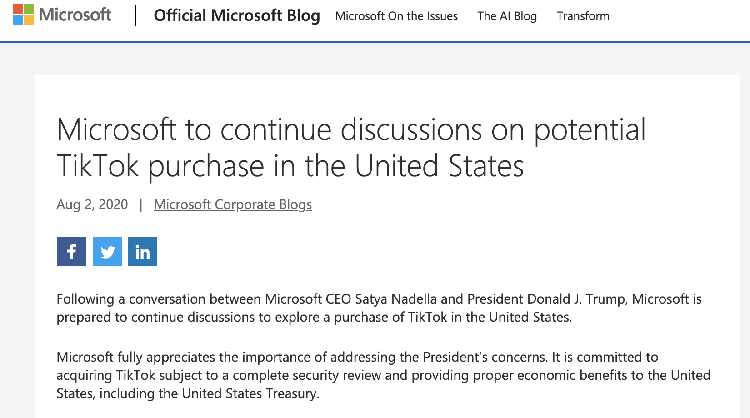 微软：已与特朗普谈过，力争45天收购TikTok美国业务