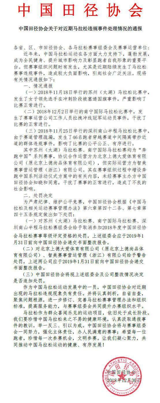 中国田径协会通报处罚违规马拉松